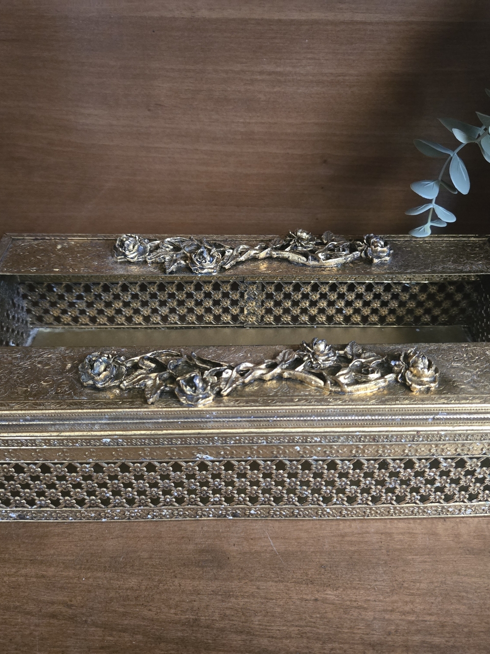 Vintage Ornate Gold Tissue Box Cover with Roses | Hollywood Regency Bathroom